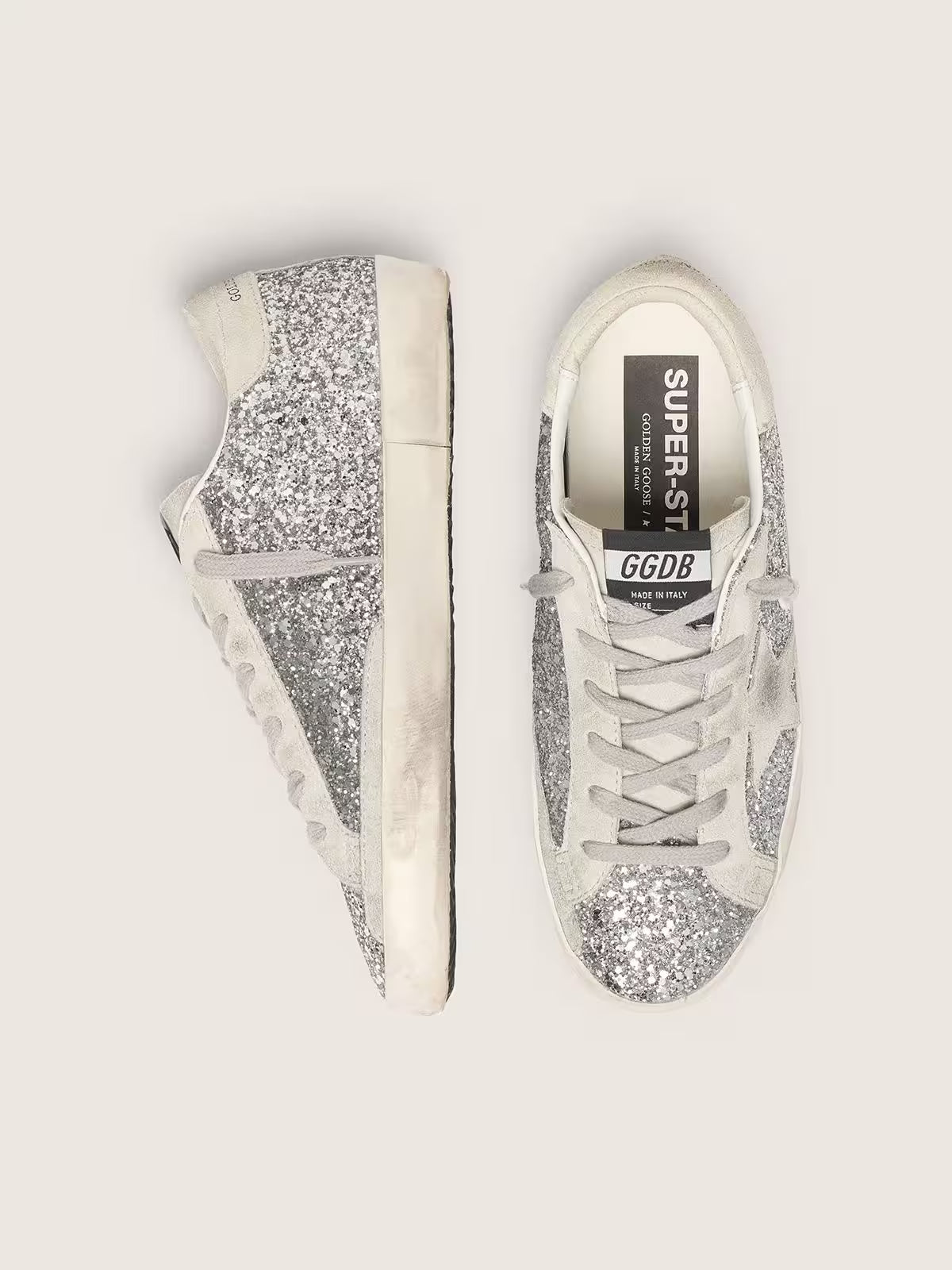 Women's Super-Star in silver glitter with ice-gray suede star