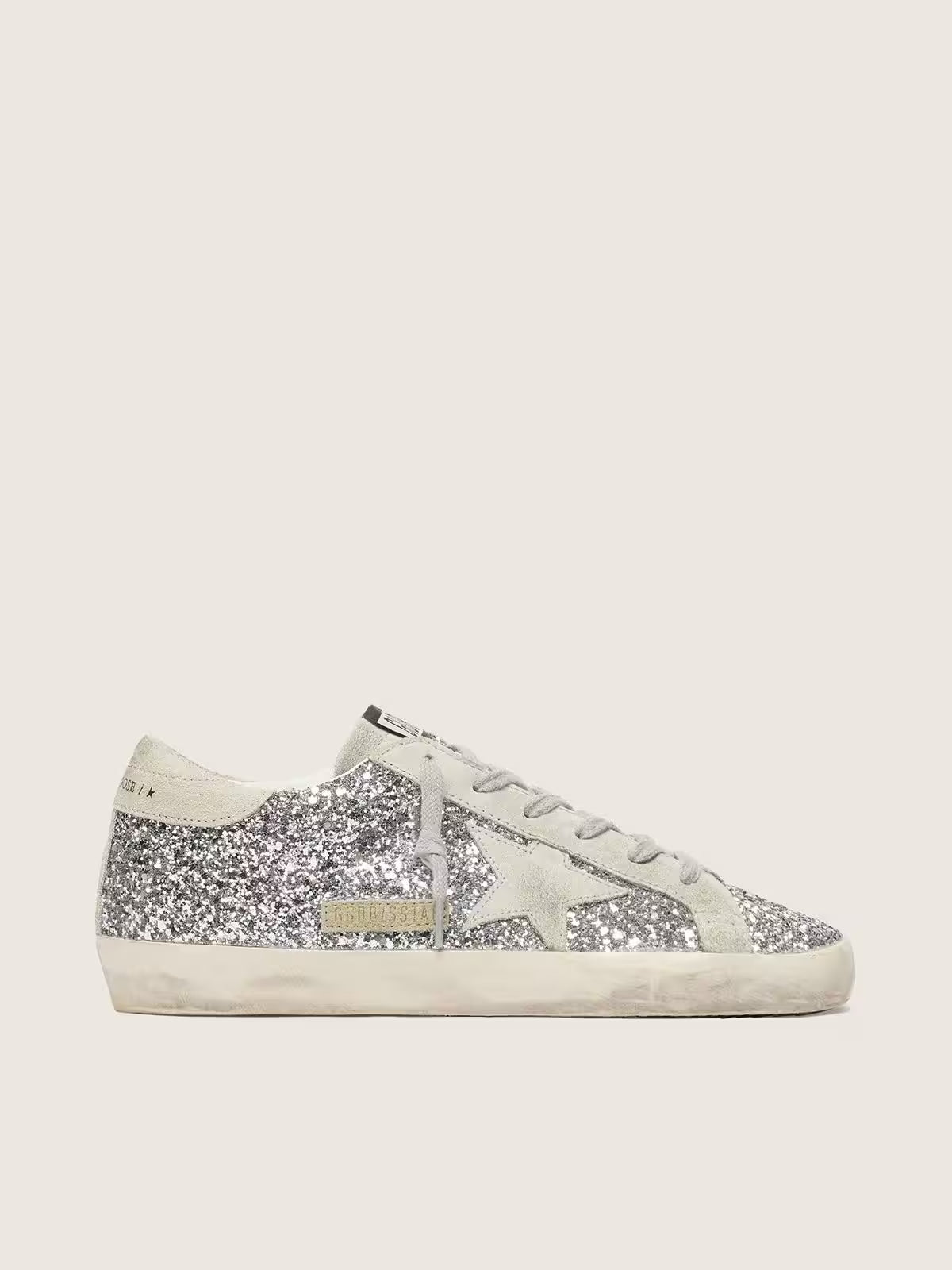 Women's Super-Star in silver glitter with ice-gray suede star